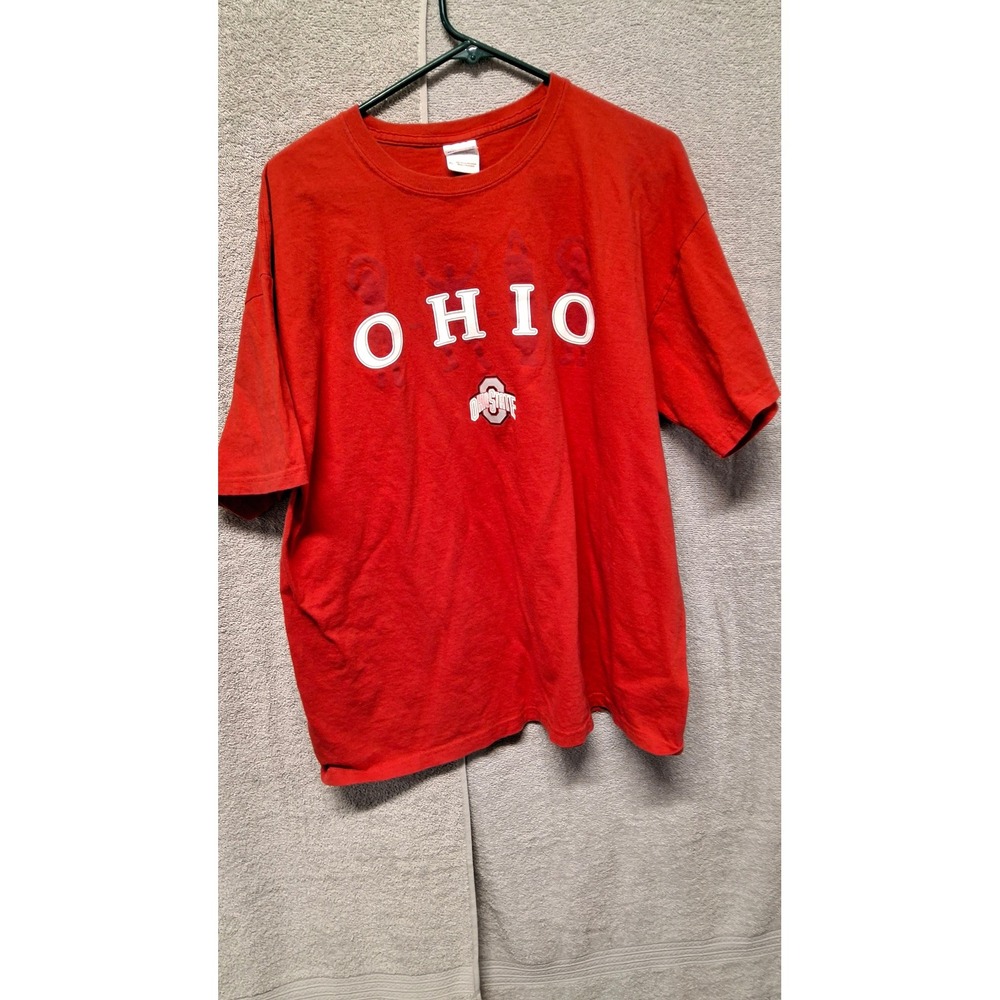 Gildan Ohio State Buckeyes T-Shirt Mens XL Red OHIO Spellout Short Sleeve Cotton